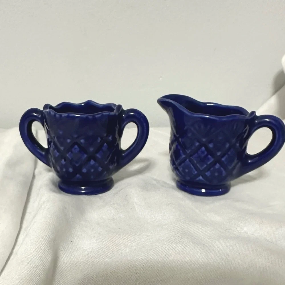 Vintage Mini Cream and Sugar Set Cobalt Blue Excellent Quilted Ceramic Tea Retro
